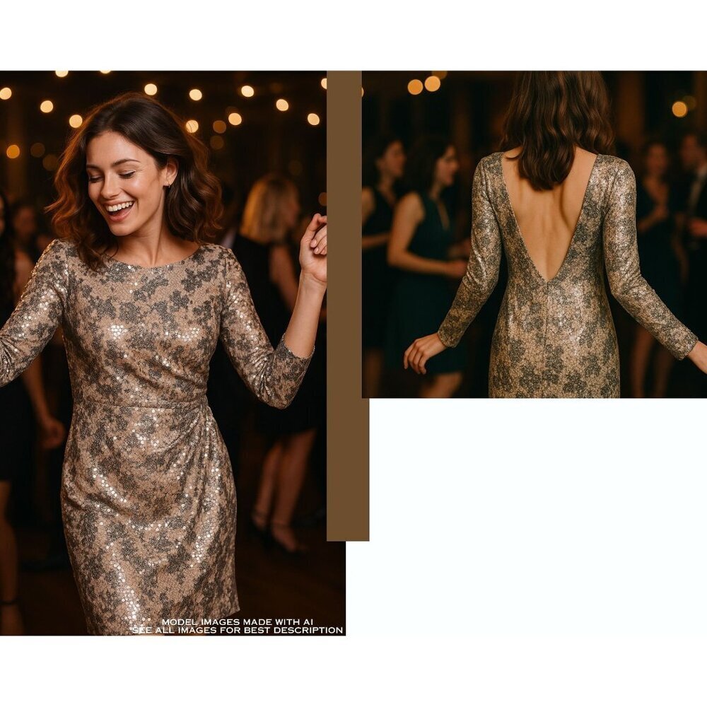 Vintage Plunge Back Mesh Lace Dress 8 Side Ruching Cocktail Formal Old Hollywood